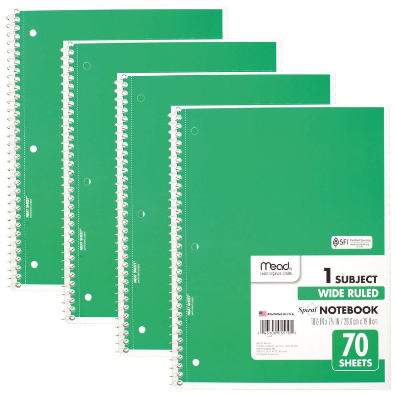 Mead Spiral Notebooks, 1 Subject, Wide Ruled Paper, 70 Sheets, 10-1/2 x 7-1/2 inches, Green, 4 Pack (38300) - Image 1